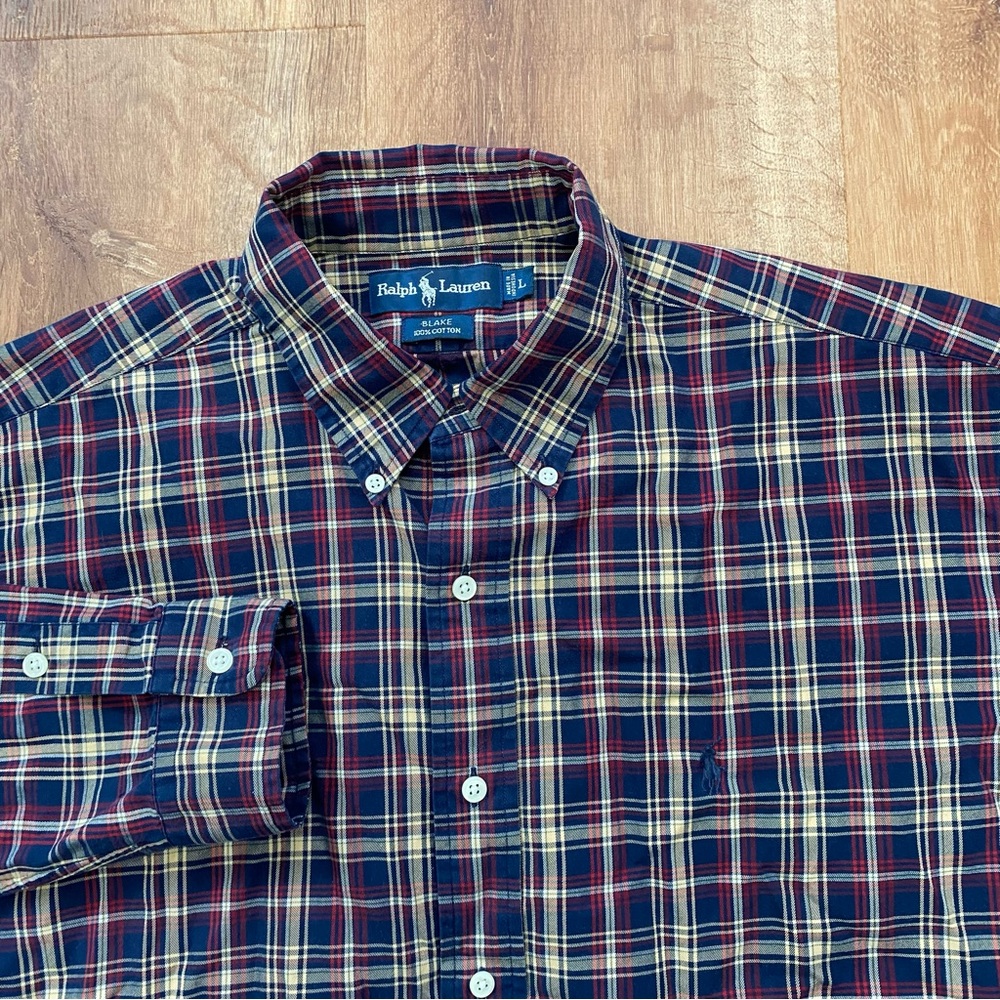 Ralph Lauren Mens Large Plaid Shirt Button Down Blake Classic Fit Casual Cotton